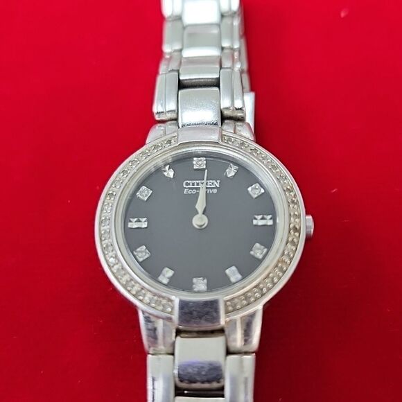 Ladies Citizen Eco Drive Diamond Black Dial Stainless Steel Wrist Watch - Picture 2 of 3